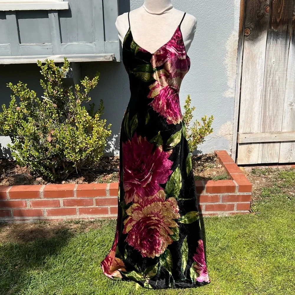 VTG Whimsigoth Velvet Floral Slip Dress Strappy Back 90s Nolita Romantic Vamp XL - Picture 7 of 17